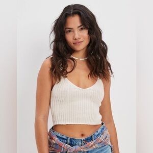 Zara Boho Ivory Cream Off White Spaghetti Strap Ribbed Sweater Cami Crop Large